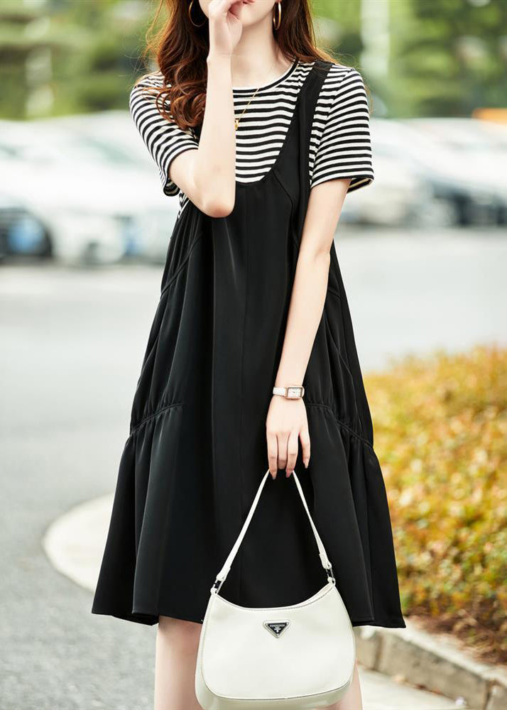 Black Striped Patchwork Cotton Dresses Wrinkled Short Sleeve