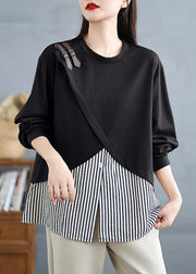 Black Striped Patchwork False Two Pieces Cotton Top O Neck Spring