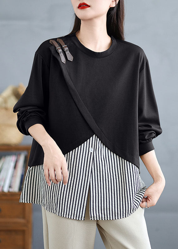 Black Striped Patchwork False Two Pieces Cotton Top O Neck Spring