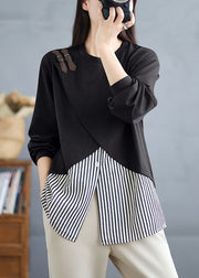 Black Striped Patchwork False Two Pieces Cotton Top O Neck Spring