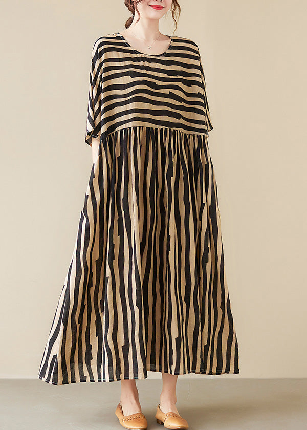 Black Striped Patchwork Wrinkled Maxi Dresses Summer