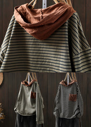 Black Striped Pockets Patchwork Cotton Blouse Tops Hooded Fall