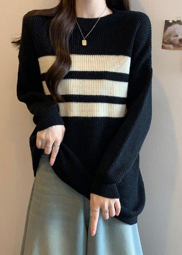 Black Striped Thick Knitted Tops Oversized Fall