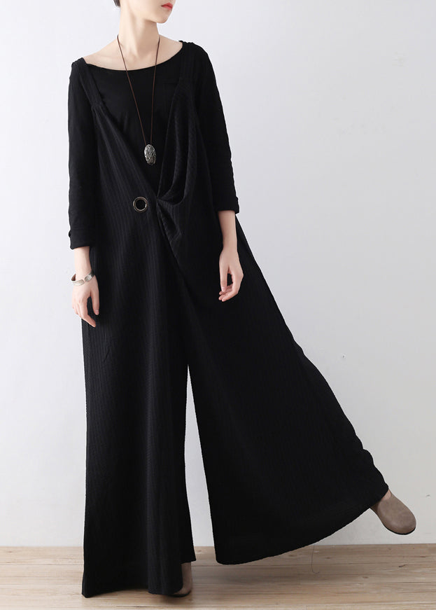 Black Striped Tie Waist Wide Leg Jumpsuits Fall