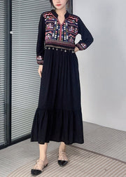 Black Tasseled Solid Cotton Long Dress Embroidered Long Sleeve