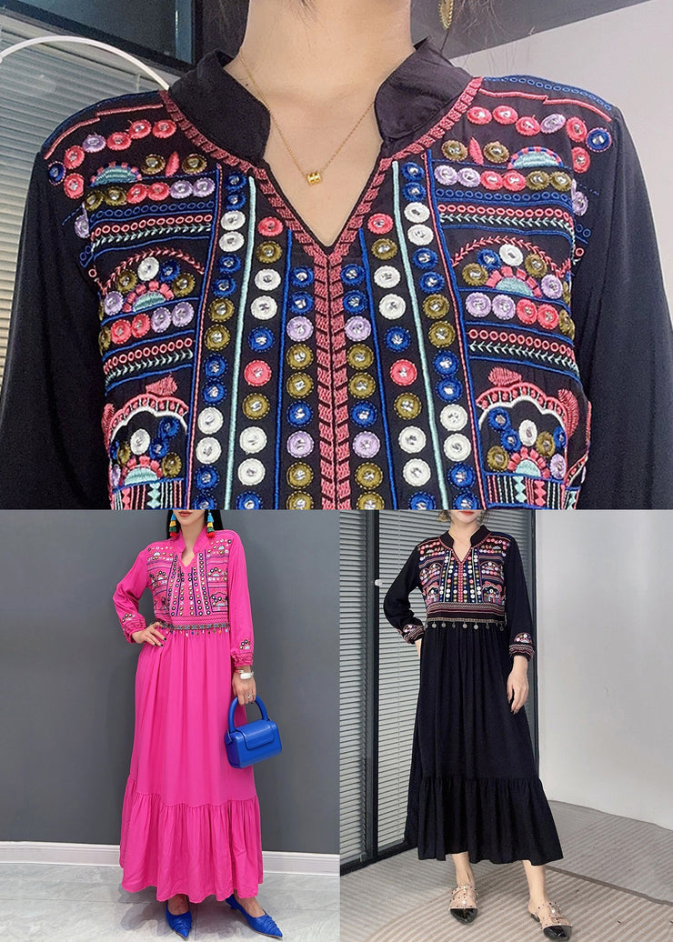 Black Tasseled Solid Cotton Long Dress Embroidered Long Sleeve