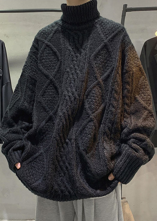 Black Thick Cable Knit Men Sweaters Turtleneck Winter