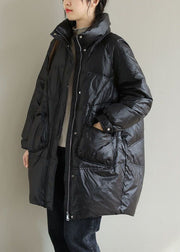 Black Thick Duck Down Down Coat Stand Collar Oversized Pockets Winter