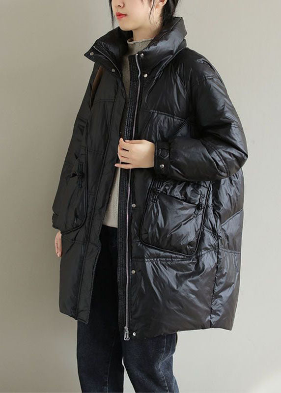 Black Thick Duck Down Down Coat Stand Collar Oversized Pockets Winter