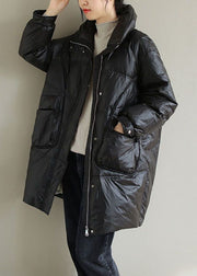 Black Thick Duck Down Down Coat Stand Collar Oversized Pockets Winter