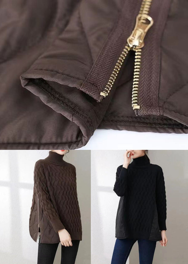 Black Thick Patchwork Knit Pullover Shirts Hign Neck Zip Up Winter