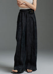 Black Thin Silk Fall Wide Leg Pants Elastic Waist