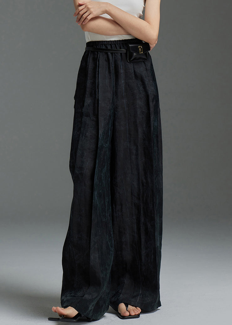 Black Thin Silk Fall Wide Leg Pants Elastic Waist