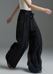 Black Thin Silk Fall Wide Leg Pants Elastic Waist