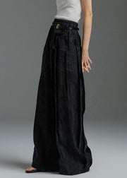 Black Thin Silk Fall Wide Leg Pants Elastic Waist