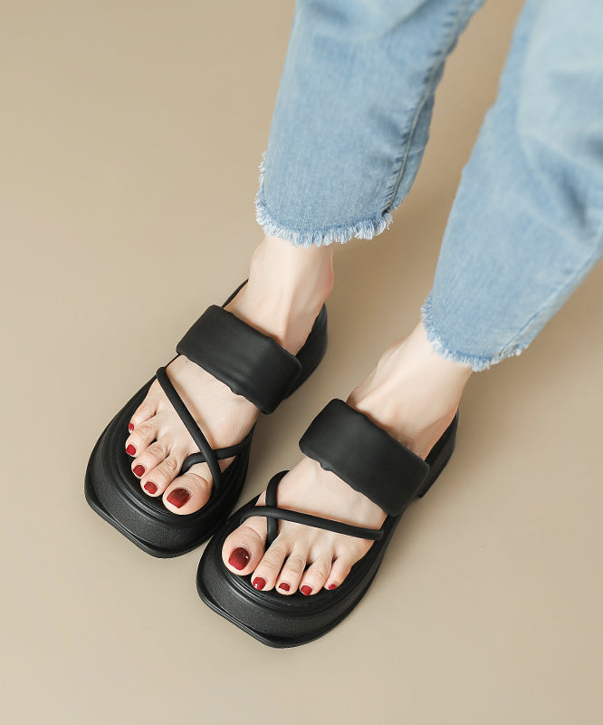 Black Thong Sandals Platform Faux Leather Fashion Splicing
