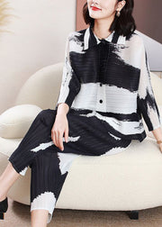 Black Tie Dye Two Piece Set Women Clothing Wrinkled Peter Pan Collar Spring