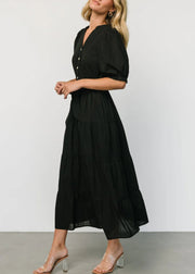 Black Tie Waist Cotton Long Dresses V Neck Short Sleeve