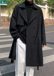 Black Tie Waist Cotton Mens Trench Coat Notched Spring