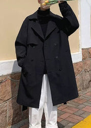 Black Tie Waist Cotton Mens Trench Coat Notched Spring