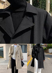 Black Tie Waist Cotton Mens Trench Coat Notched Spring