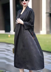 Black Tie Waist Thin Silk Long Coats V Neck Spring