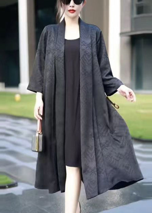 Black Tie Waist Thin Silk Long Coats V Neck Spring