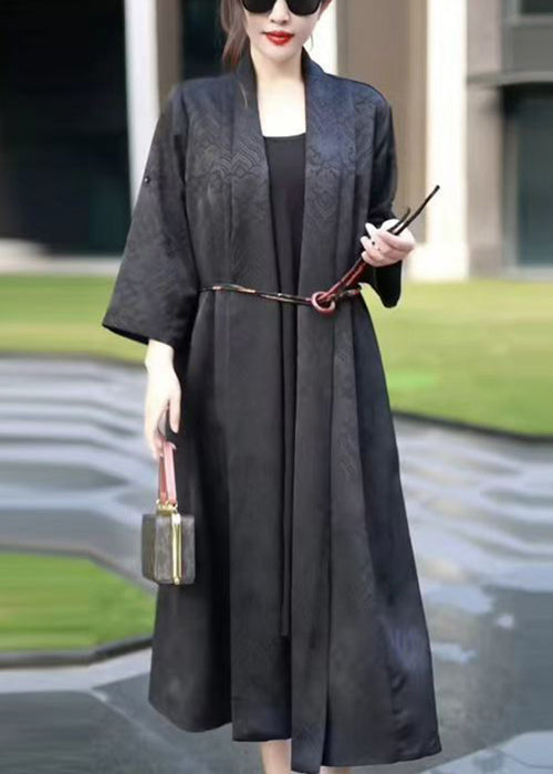 Black Tie Waist Thin Silk Long Coats V Neck Spring