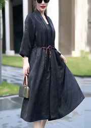 Black Tie Waist Thin Silk Long Coats V Neck Spring