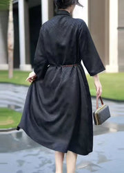 Black Tie Waist Thin Silk Long Coats V Neck Spring