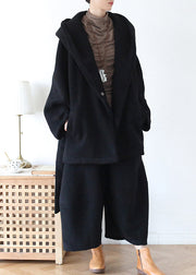 Black Tie Waist Woolen Hooded Coat Long Sleeve