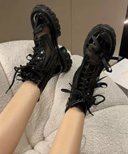 Black Tulle Boots Chunky Faux Leather Splicing Hollow Out Lace Up