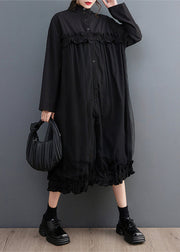 Black Tulle Button Patchwork Shirts Dress Stand Collar Long Sleeve