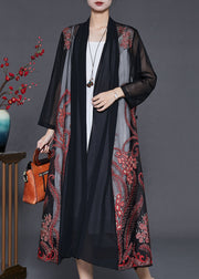 Black Tulle Cardigans Phoenix Tail Flower Embroidered Summer
