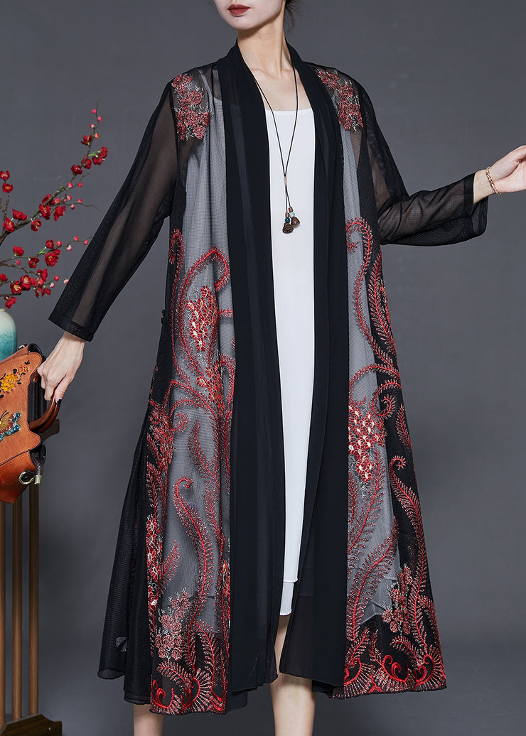 Black Tulle Cardigans Phoenix Tail Flower Embroidered Summer