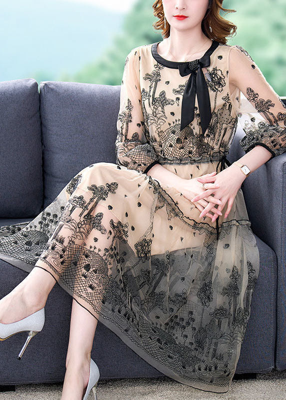 Black Tulle Holiday Dress Embroideried Tie Waist Half Sleeve