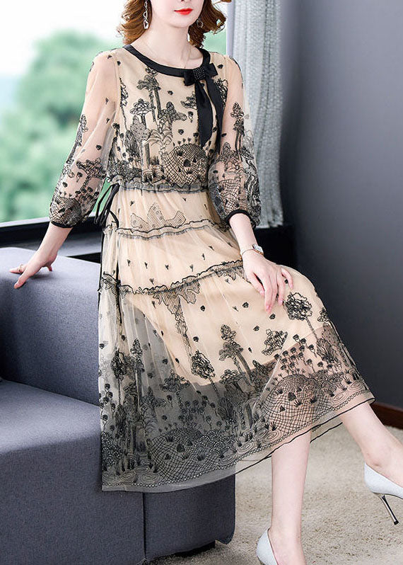 Black Tulle Holiday Dress Embroideried Tie Waist Half Sleeve