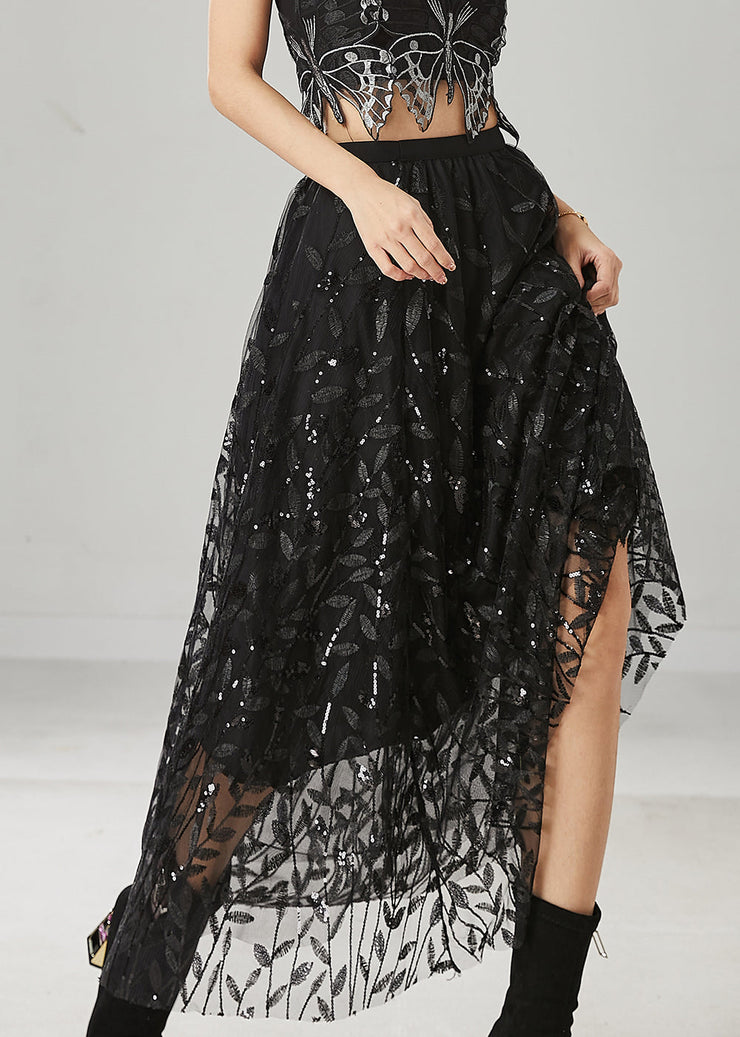 Black Tulle Holiday Skirt Leaf Sequins Spring