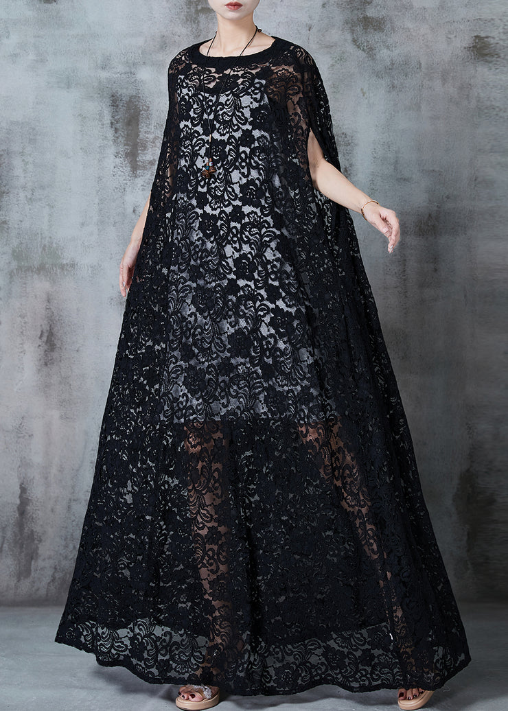 Black Tulle Long Dresses Embroidered Hollow Out Summer