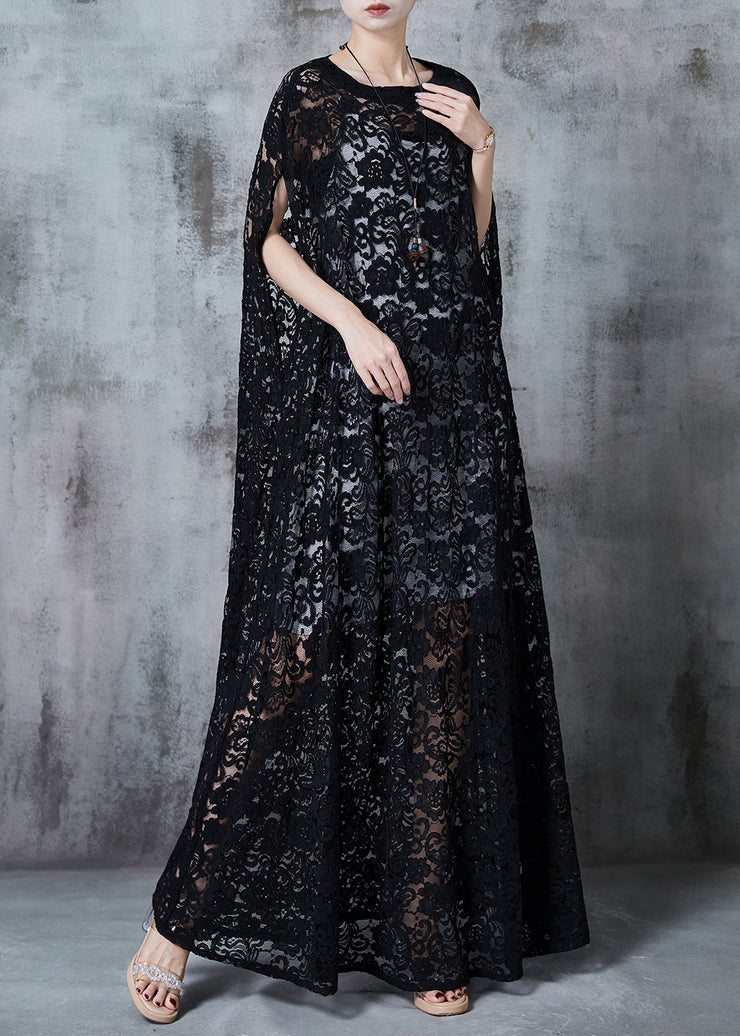 Black Tulle Long Dresses Embroidered Hollow Out Summer