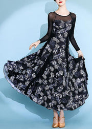 Black Tulle Patchwork Chiffon Long Dresses O Neck Long Sleeve