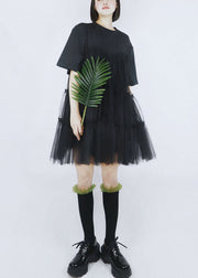 Black Tulle Patchwork Cotton A Line Dress O-Neck Short Sleeve