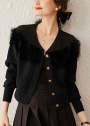 Black Tulle Patchwork Cotton Coat V Neck Long Sleeve