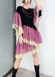 Black Tulle Patchwork Cotton Mid Dresses Ruffled Butterfly Sleeve