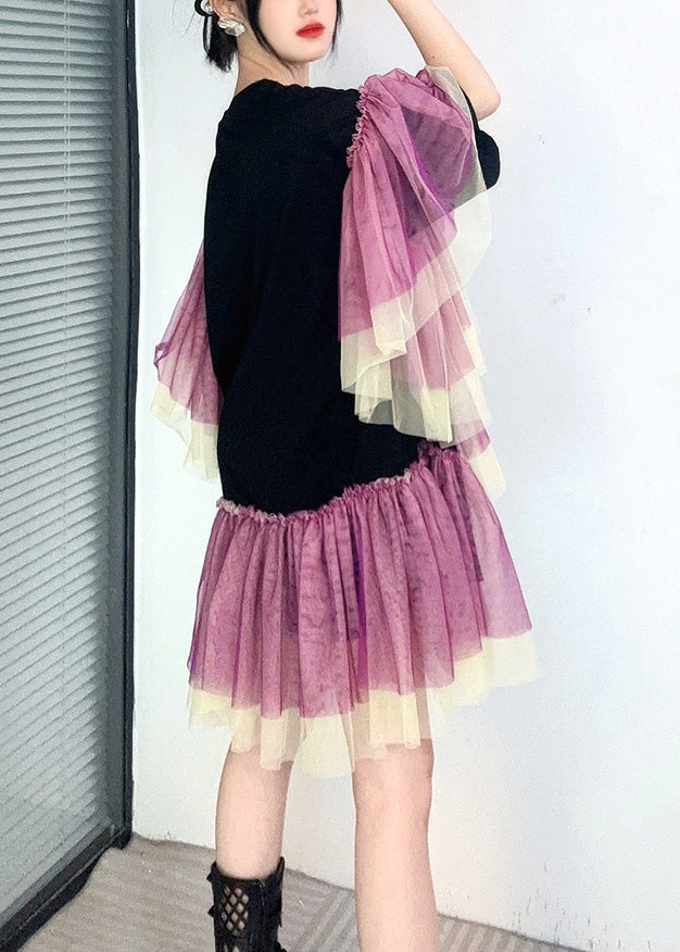 Black Tulle Patchwork Cotton Mid Dresses Ruffled Butterfly Sleeve