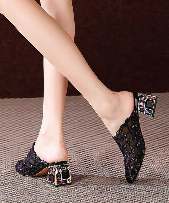 Black Tulle Zircon Splicing Stylish Chunky Slide Sandals