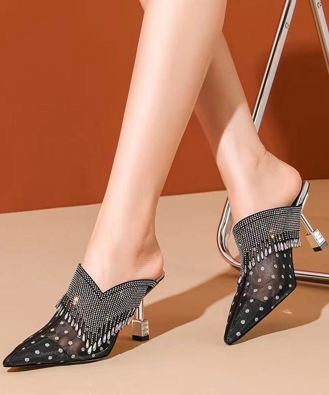 Black Tulle Zircon Tassel Slide Sandals Fashion Pointed Toe