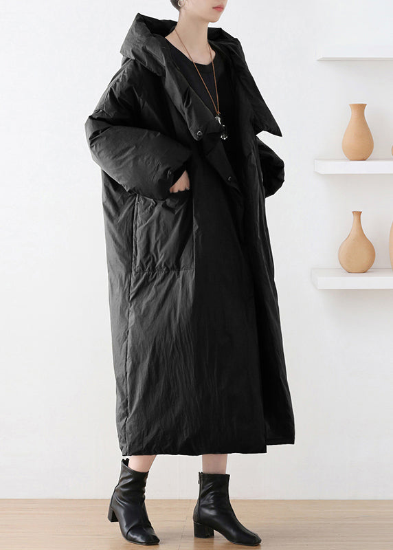 Black Turtleneck Button Duck Down Hooded Long Down Coat Winter