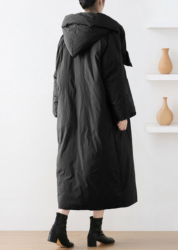 Black Turtleneck Button Duck Down Hooded Long Down Coat Winter