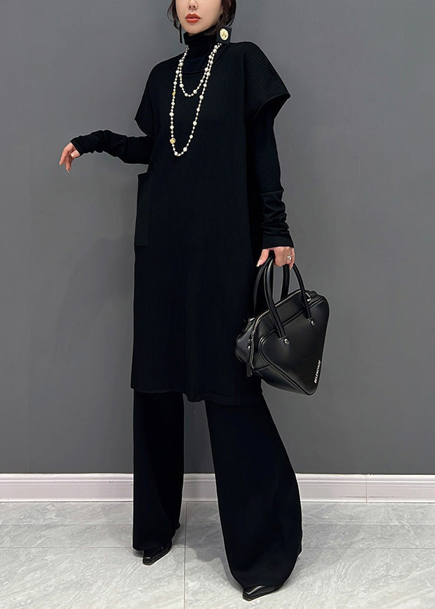 Black Turtleneck Knit Waistcoat And Pants Two Piece Set Winter